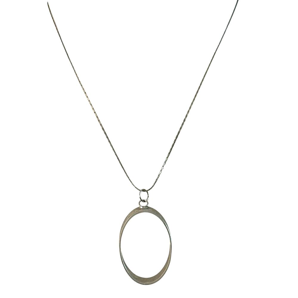 Vintage Silver Tone Minimal Oval Pendant Necklace